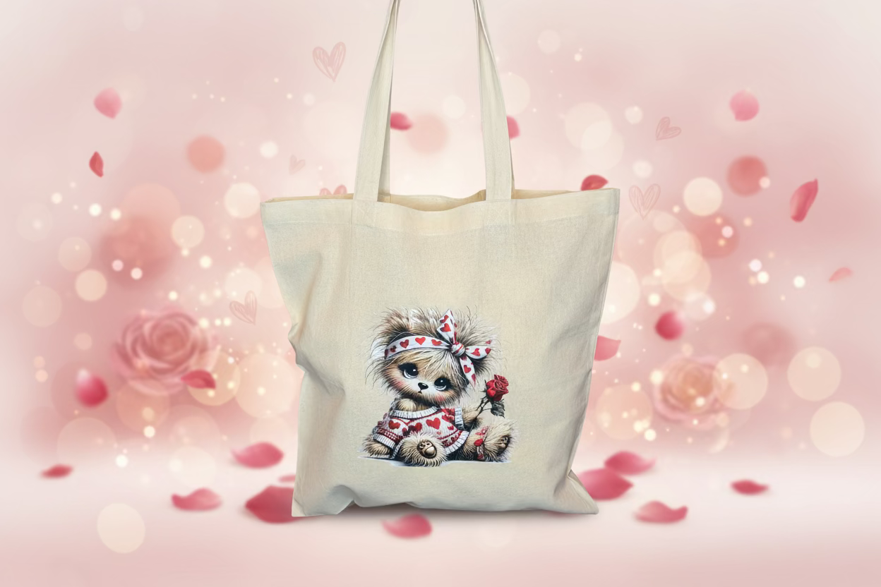 A charming canvas tote with an adorable kitty holding a single red rose for the one you love — a lovely little Valentine’s surprise. Hand‑pressed, eco‑friendly, and perfect for daily essentials or gifting.